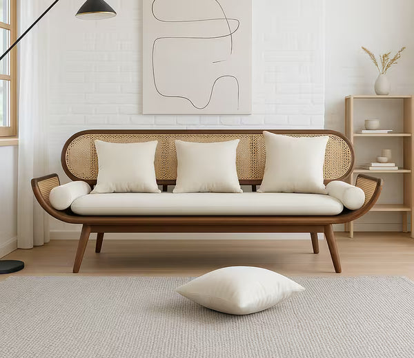 Tropicana Rattan Wooden Sofa in Teak Wood, Custom Fabric, High Density Cushion With Spring for Comfortable Seating