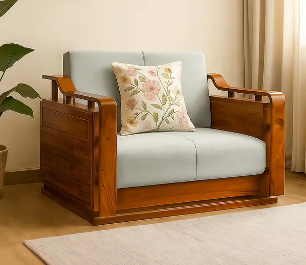 Vista Lounge Wooden Sofa, Teak Wood, Custom Fabric, Comfortable Seating with High Density Cushion With Spring